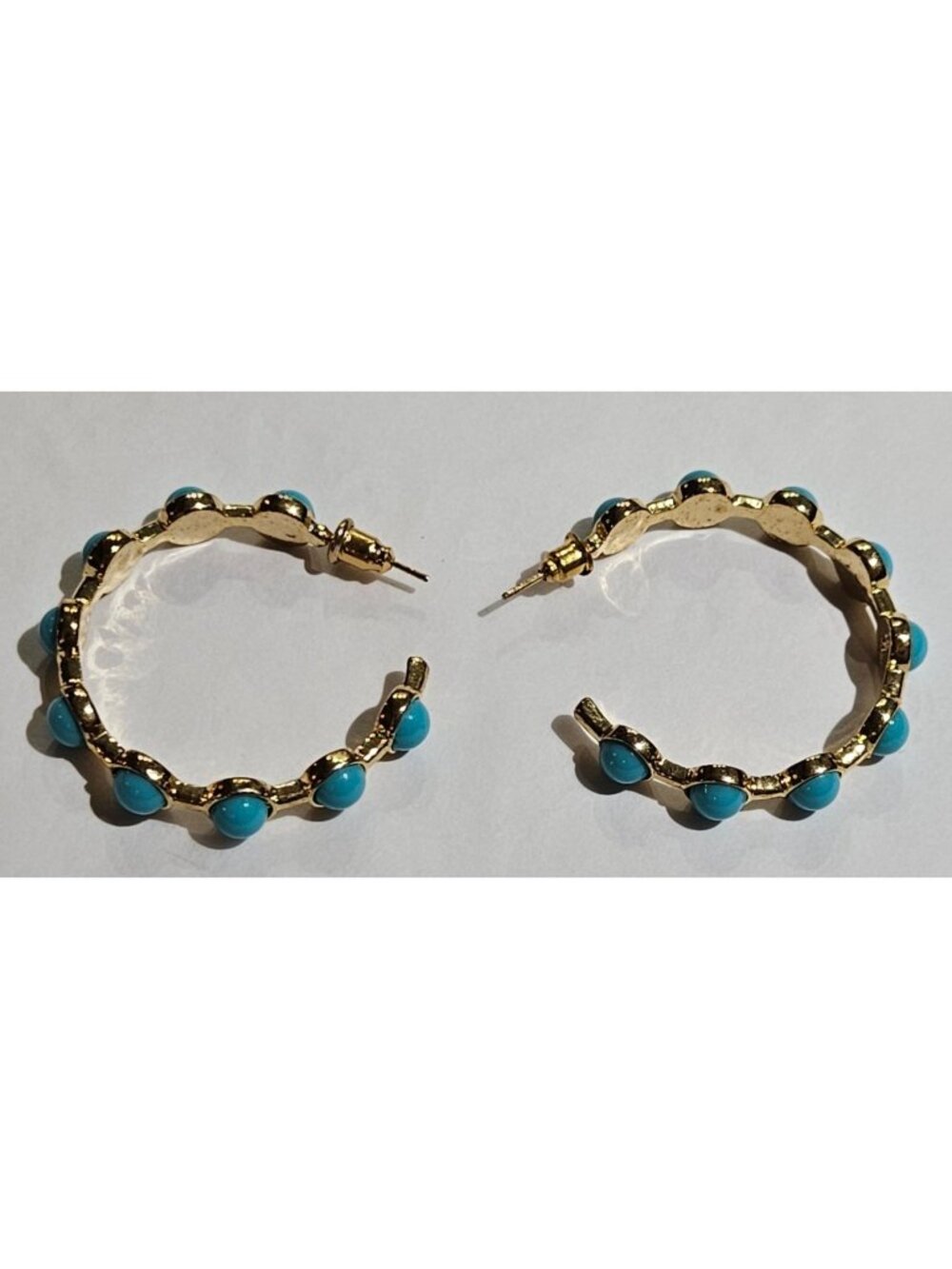 Goldtone Open Hoop Earrings Blue Cabochons Marked LS 1.5 inches